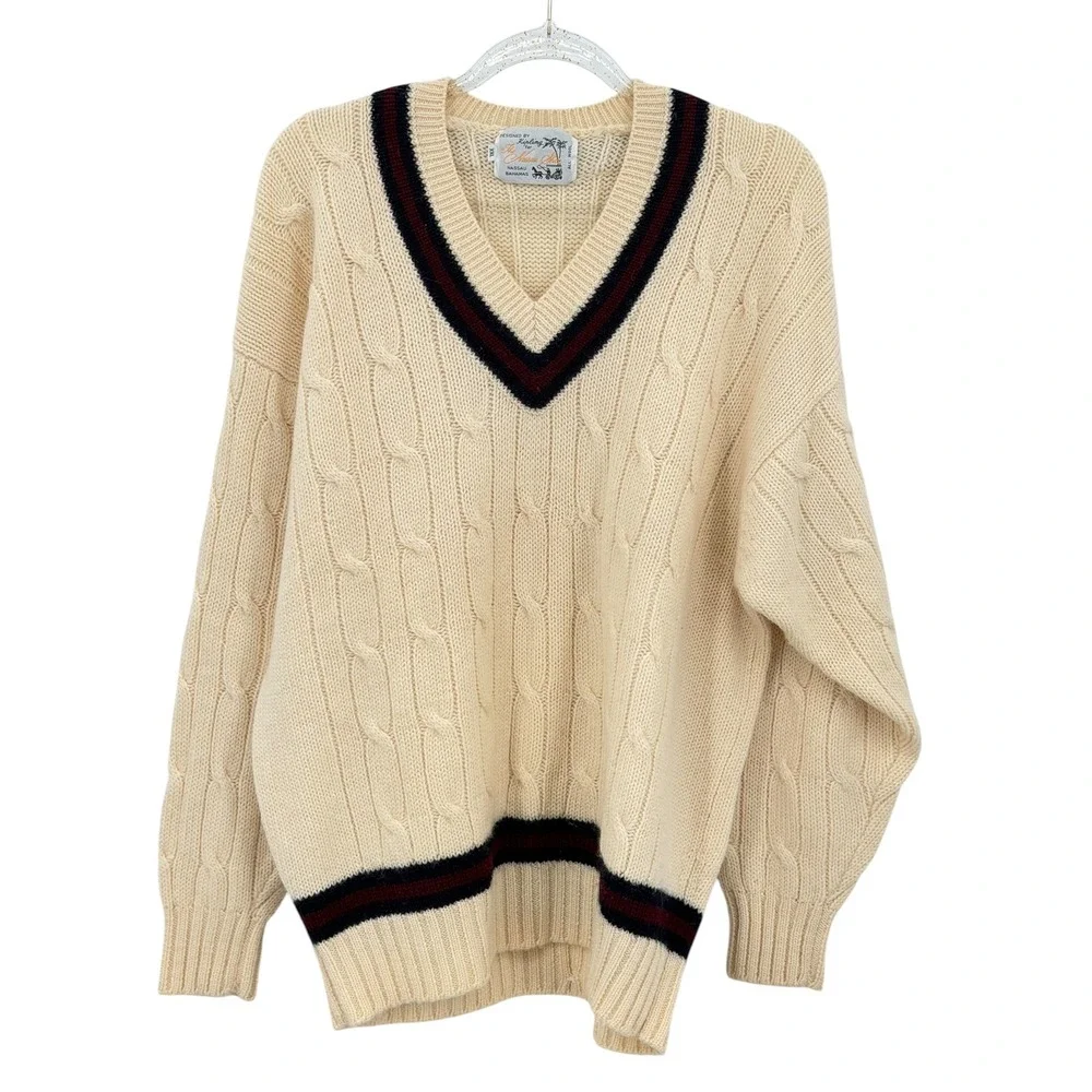 Kipling for The Nassau Shop Tennis Sweater VTG Mens SZ XXL Cream Wool Cable Knit